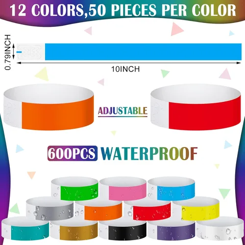 Vista 2 de Epakh 600 muñequeras de papel neón, colores surtidos Pulseras impermeables para fiestas de eventos, banda adhesiva para control de entrada