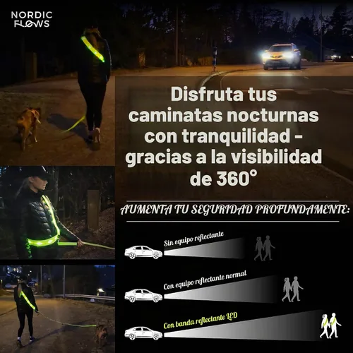 Vista 6 de Chaleco de seguridad con luces LED recargables NordicFlows – Banda reflectante e iluminada para paseos nocturnos, correr y pasear al perro