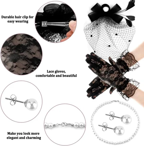 Vista 3 de 4 tocados para mujer, tocado para la cabeza, guantes de encaje, sombreros de fiesta de té para mujeres con guante, sombrero de cóctel