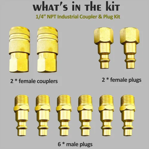 Vista 5 de Kit de acoplador y enchufe de aire de latón macizo NPT de 1/4", accesorios para compresor de aire, kit de manguera de compresor de aire, 10