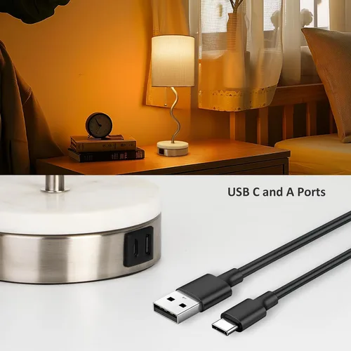 Vista 4 de Lámpara de Mesa con Base de Mármol - Lámpara de Mesita de Noche Moderna con Puerto USB y Cadena de Tracción, Lámpara para Dormitorio, Sala de Estar