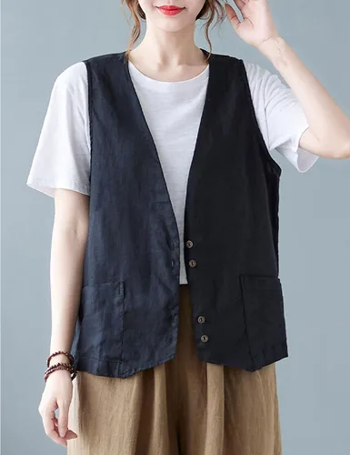 Vista 4 de Bozanly Chaleco sin mangas con botones para mujer, estilo casual, cuello en V, de lino y algodón, con bolsillos