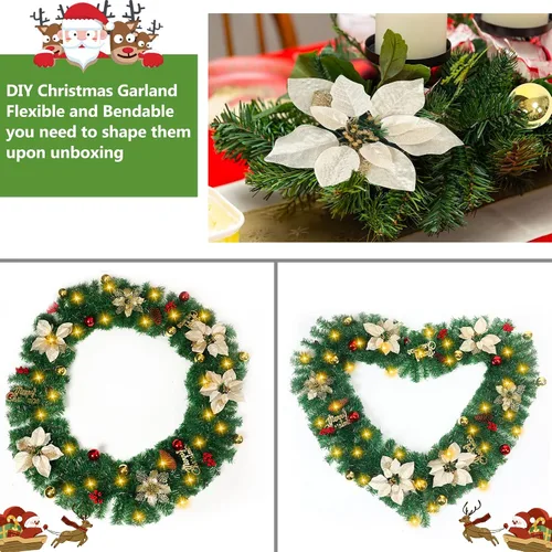 Vista 5 de JUNEBRUSHS Guirnalda de Navidad de 9 pies con luces, guirnalda decorativa con 50 luces LED, funciona con pilas, ratán verde artificial preiluminado