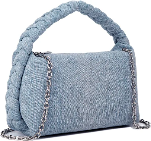 Vista 3 de Bolso de mezclilla vintage para mujer, bolso de mezclilla tejido con asa superior, bolso cruzado ligero de diseñador con cadena