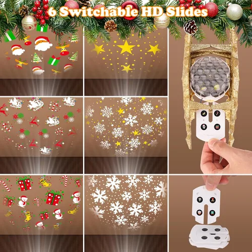 Vista 2 de Decoración para árbol de Navidad con luz de proyector, 6 efectos HD, purpurina 3D dorada para árbol de Navidad, luces de proyector de Navidad
