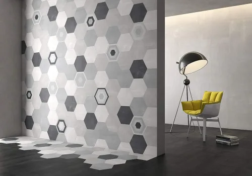 Vista 7 de Mama Mia - Azulejo de porcelana hexagonal gris con patrón geométrico (9 unidades, 10,2 x 11,4 pulgadas)