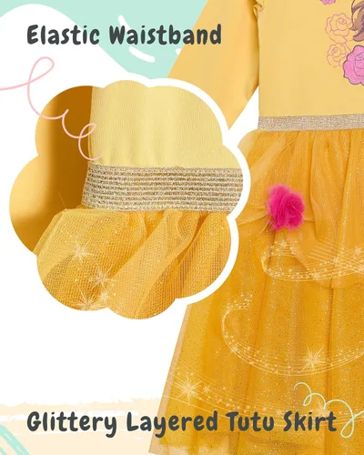 Vista 5 de Disney Vestido tutú de princesa de manga larga para niñas, lindos vestidos para niños pequeños con Cenicienta, Bella, Elsa y Tiana