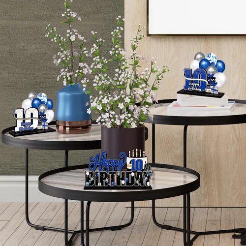 Vista 7 de LINGTEER Feliz 10º Cumpleaños Juego de Centros de Mesa de Acrílico Azul para Mesa - Brindemos por Diez Años Decoraciones de Regalo de Fiesta de 10º