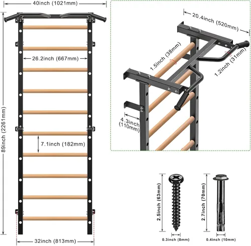 Vista 4 de Kipika Barra de Gimnasia de Pared - Escalera Sueca de 2"x2" con Agujero de 1", Barra de Dominadas Montada en Pared Entrenador de Suspensión