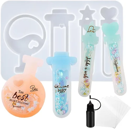 Vista 20 de Conjunto de moldes agitadores de resina, dijes kawaii, paquete de 41 bandejas de silicona, kit de botella aplicadora con punta de precisión, paquete