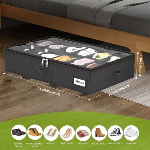Vista 2 de homyfort Almacenamiento de zapatos debajo de la cama con ruedas, se adapta a 24 pares, organizador de zapatos rodante con soporte inferior y tapas
