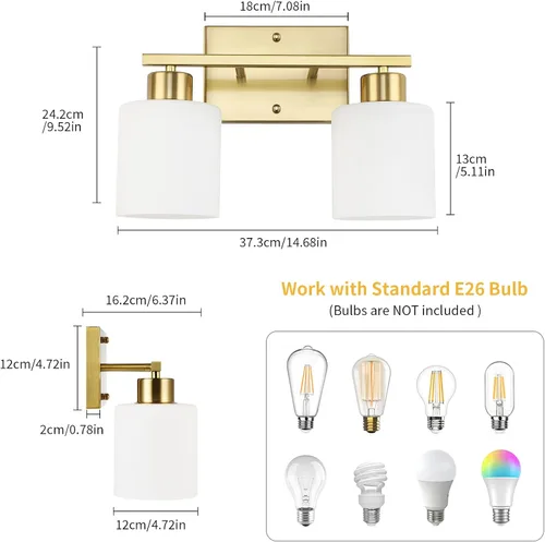 Vista 2 de WILON 2 luces doradas cepilladas, accesorios de iluminación de tocador de baño con pantallas de vidrio esmerilado blanco leche, modernas luces