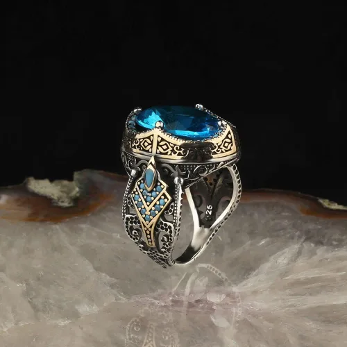 Vista 4 de 925 Sterling Silver Aquamarine Stone Men Silver Ring, Handmade Blue Aquamarine Stone Men's Silver Ring, Vintage Men Ring, Turkish Ottoman Men Ring