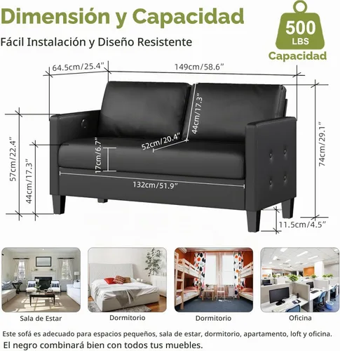Vista 2 de Sofá biplaza de piel sintética negra de 59 pulgadas, sofá de 2 plazas para oficina, sala de estar STHOUYN, moderno, cómodo, apoyabrazos copetudo