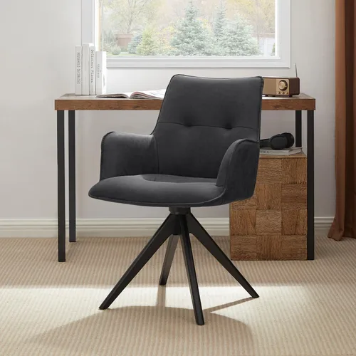 Vista 13 de Zouron Silla de escritorio giratoria sin ruedas, silla de oficina tapizada con patas de madera de roble, sillón moderno para espacios pequeños