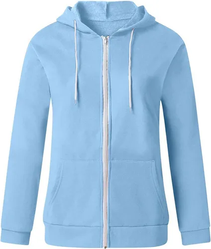 Vista 5 de Chaqueta con capucha para mujer, con cremallera completa, casual, para otoño, color liso, ligera, con cordón, manga larga, ajuste holgado