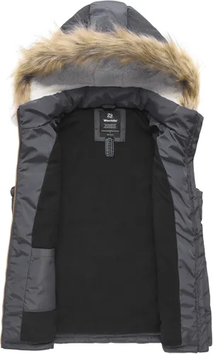 Vista 3 de Wantdo Chaleco grueso de invierno para mujer, acolchado, cálido, con capucha de piel extraíble