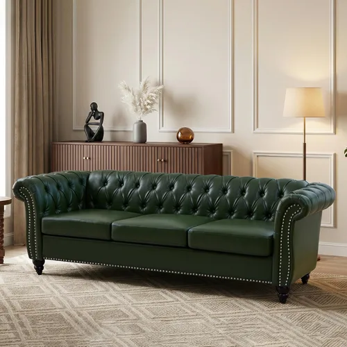 Vista 15 de AVZEAR Sofá Chesterfield de 84 pulgadas, 3 plazas, sofá clásico de cuero PU con brazos enrollados y respaldo con botones capitoné, sofá tipo canapé