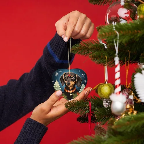 Vista 4 de Dachshund - Adorno de cerámica de Navidad para perro, diseño de animales lindos 2023, adorno de vacaciones para el hogar, decoración de árbol