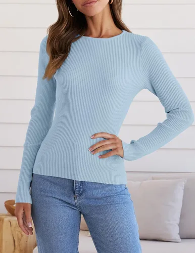Vista 3 de ZESICA - Camisas de manga larga y cuello redondo para mujer, suéter básico e informal de punto y corte ajustado para primavera