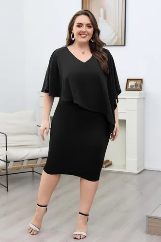 Vista 8 de KIMCURVY Vestido de capa de talla grande para mujer, vestido de tubo con superposición de gasa, vestido midi para boda, cóctel, fiesta
