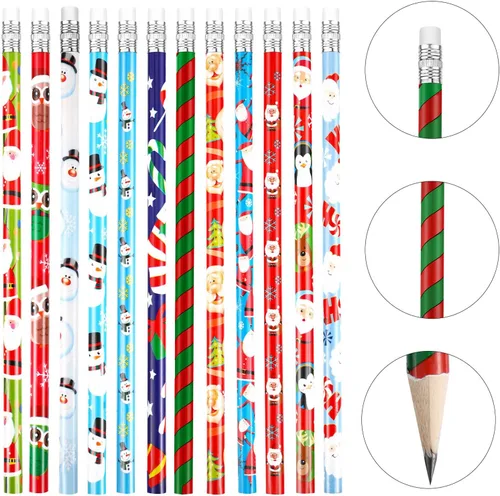 Vista 2 de Outus 48 lápices de Navidad con borrador, lápices de madera de Navidad, lápiz navideño con elementos de Navidad para regalos de Navidad, suministros