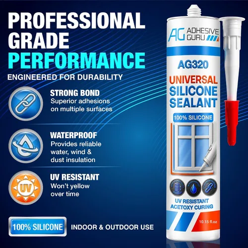 Vista 2 de Adhesive Guru Sellador de Silicona Transparente Multiusos Impermeable 10.15 fl.oz (onzas líquidas), Masilla de Silicona 100%, Sellador Adhesivo