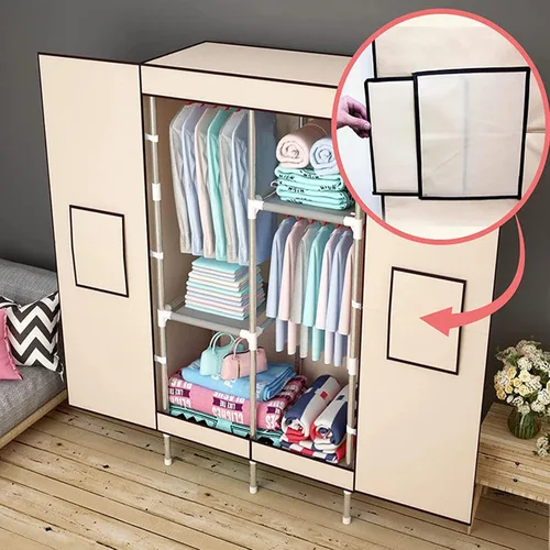 Vista 6 de Organizador portátil de ropa de 34 pulgadas, simple no tejido, armario de almacenamiento de ropa multifuncional con cubierta y barra para colgar Gris
