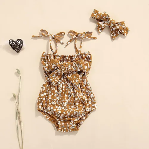 Vista 2 de 2 piezas de ropa para bebé recién nacido, overol a rayas, traje de diadema para niñas de 0 a 24 meses