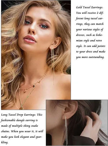 Vista 5 de Long Tassel Dangle Earrings for Women Gold Long Threader Earrings Chain Drop Earrings