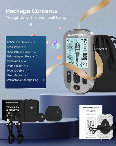 Vista 9 de KingPavonini Estimulador Muscular TENS 3 en 1 para Terapia de Alivio del Dolor, Máquina TENS de Canal Dual con 36 Modos y 12 Almohadillas