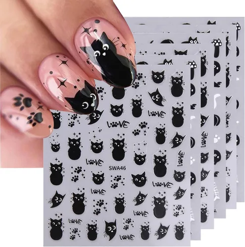 Vista 11 de 6 hojas de calcomanías de arte de uñas de animales autoadhesivas 3D, diseño de letras de gato, divertidas calcomanías de uñas para primavera