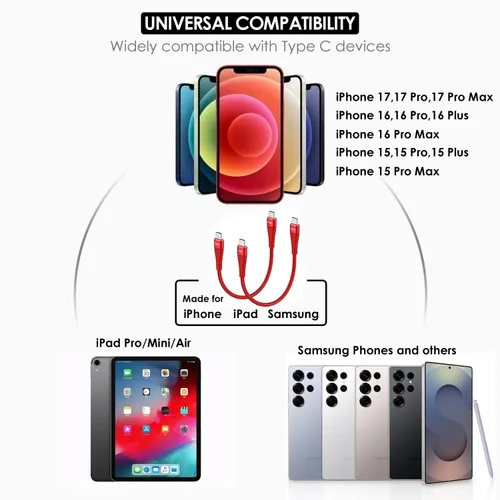 Vista 7 de Cable USB C a USB C, cargador USB C corto de 100 W, cable de carga rápida de 1 pie, paquete de 2 unidades Rojo