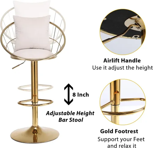 Vista 19 de Taburetes de bar giratorios de terciopelo con respaldo bajo y reposapiés, taburetes de bar ajustables con almohada, taburete de bar dorado de lujo