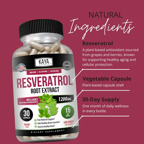 Vista 5 de Kaya Naturals - Cápsulas de resveratrol - Suplemento antienvejecimiento - Antioxidantes con apoyo cerebral - Beneficios máximos - 30 cápsulas