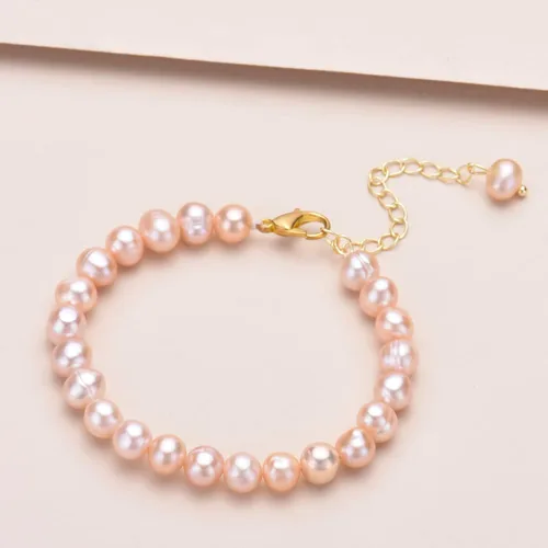 Vista 5 de CACULE Juego de collar y pulsera de perlas de agua dulce, Latón, Perla sintética
