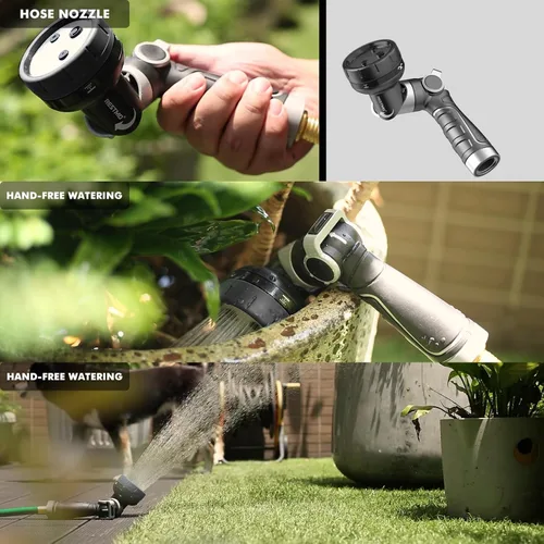 Vista 2 de RESTMO Boquilla de manguera de jardín multiángulo con función de rociador, boquilla de manguera de agua resistente con 4 patrones de pulverización