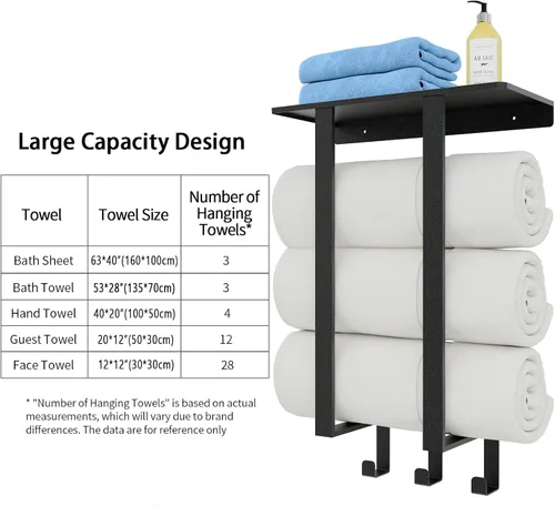 Vista 4 de Toalleros para baño, toallero con estante y 3 ganchos, soportes de almacenamiento de toallas de pared para toallas de baño enrolladas, color negro