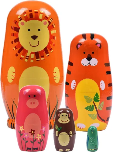Vista 19 de Muñecas rusas "matrioskas", 5 unidades, 15 cm de alto, diseño de animales, huevos de Pascua, juguetes de anidación, muñecas de madera hechas a mano