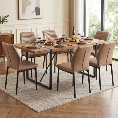 Vista 48 de Juego de 2 sillas de comedor de piel sintética marrón, cómodas sillas de cocina tapizadas sin brazos con patas de metal negro para sala de estar