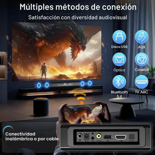 Vista 6 de Barra de sonido de 2.1 canales con subwoofer con cable, Dolby Audio Barra de sonido de TV desmontable de 35 pulgadas, Bluetooth, HDMI-ARC, óptico