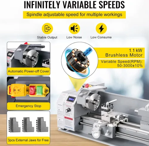 Vista 4 de VEVOR Torno de metal de 8,7 x 29,5 pulgadas/8.661 x 29.528 in, mini torno de metal, 1,1 KW, velocidad infinitamente variable, mini máquina de torno
