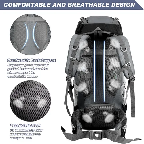 Vista 3 de Night Cat Mochilas de Senderismo 70L Mochilas de Camping para Hombres y Mujeres Ligeras al Aire Libre para Montañismo y Viajes, Sin Marco Interno