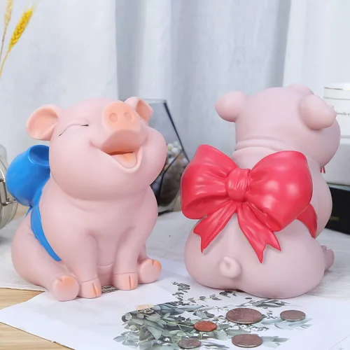 Vista 8 de H&W Lovely Pig - Alcancía con nudo de lazo azul, banco de monedas, creativo e inastillable, puede almacenar 1000 monedas
