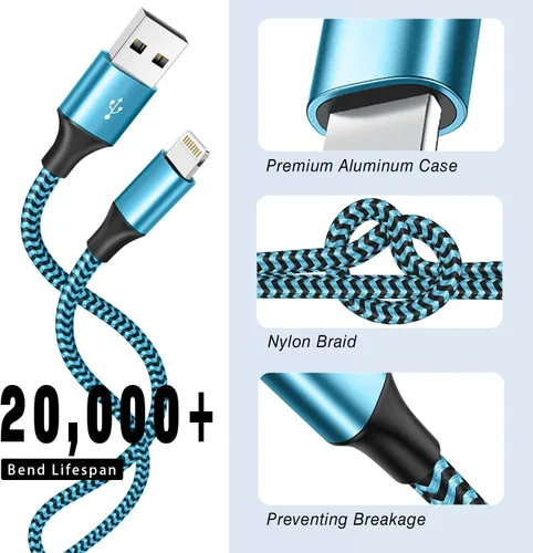 Vista 4 de SHUSEL Paquete de 3 cargadores para iPhone, cable Lightning USB de 6 pies, certificado MFi, carga rápida, nailon trenzado para iPhone, cable