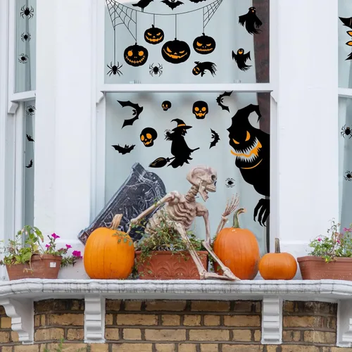 Vista 9 de AUAUY Decoración de ventana de Halloween, 9 hojas, 87 unidades, calcomanías de ventana de doble cara con calabaza, murciélago, araña, adhesivo
