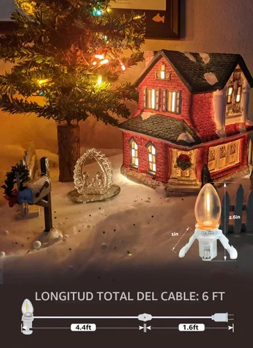 Vista 7 de Juego de 2 cables de accesorios de 6 pies con una bombilla LED, luces de cadena para interiores de molde soplado, lámpara C7 con fusible de repuesto