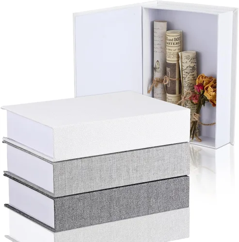 Vista 7 de Tioncy Caja de libros falsos de lino neutro, 3 piezas, decoración de imitación para decoración del hogar, estantes, mesa, tarjetas, fotos, regalo