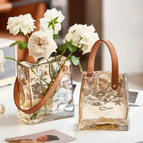 Vista 3 de Cuero hecho a mano - Bolso de mano - Estilo florero de cristal - Elegancia simple para tu espacio (ámbar)