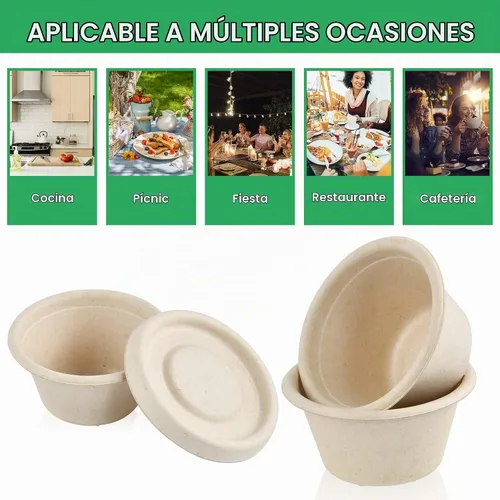 Vista 7 de Paquete de 200 tazas de salsa desechables de 2 onzas, mini tazas de condimento de fibra de bagazo biodegradable con tapas para preparación